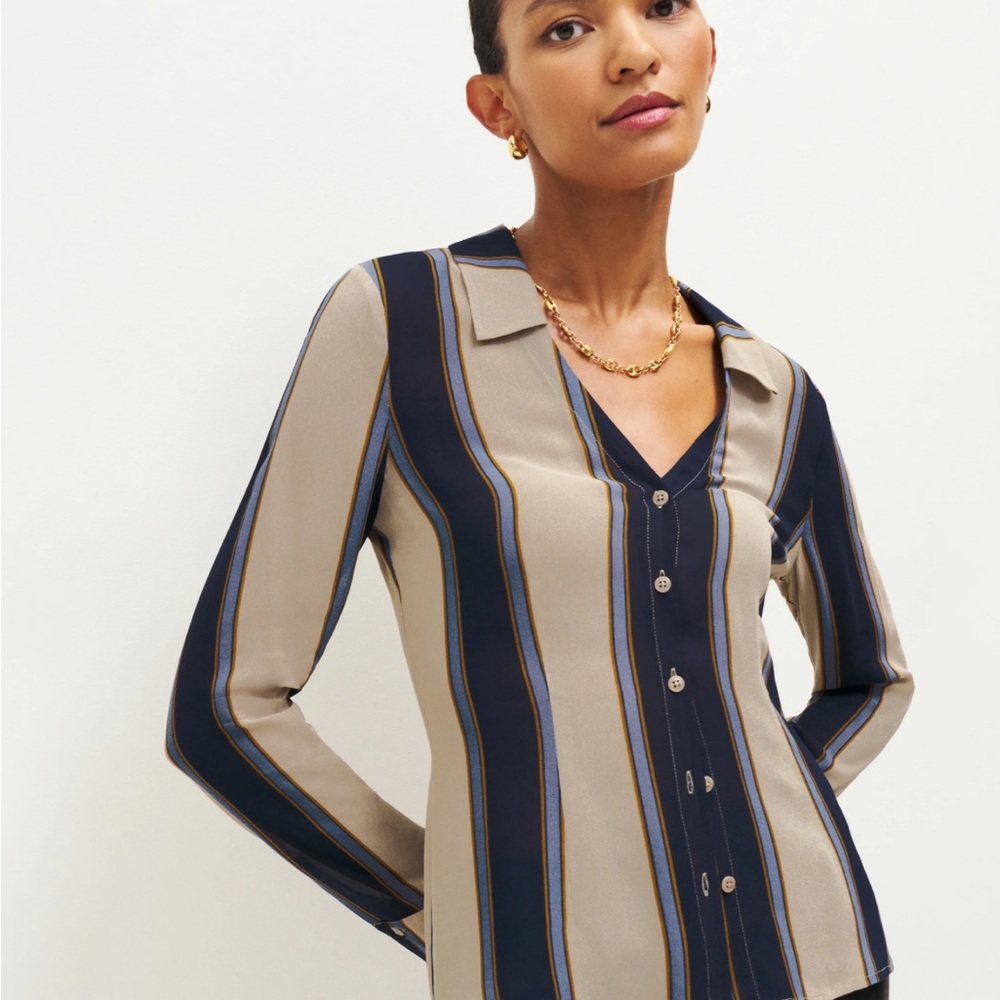 Reformation Navy and Beige Striped Button-Down Shirt